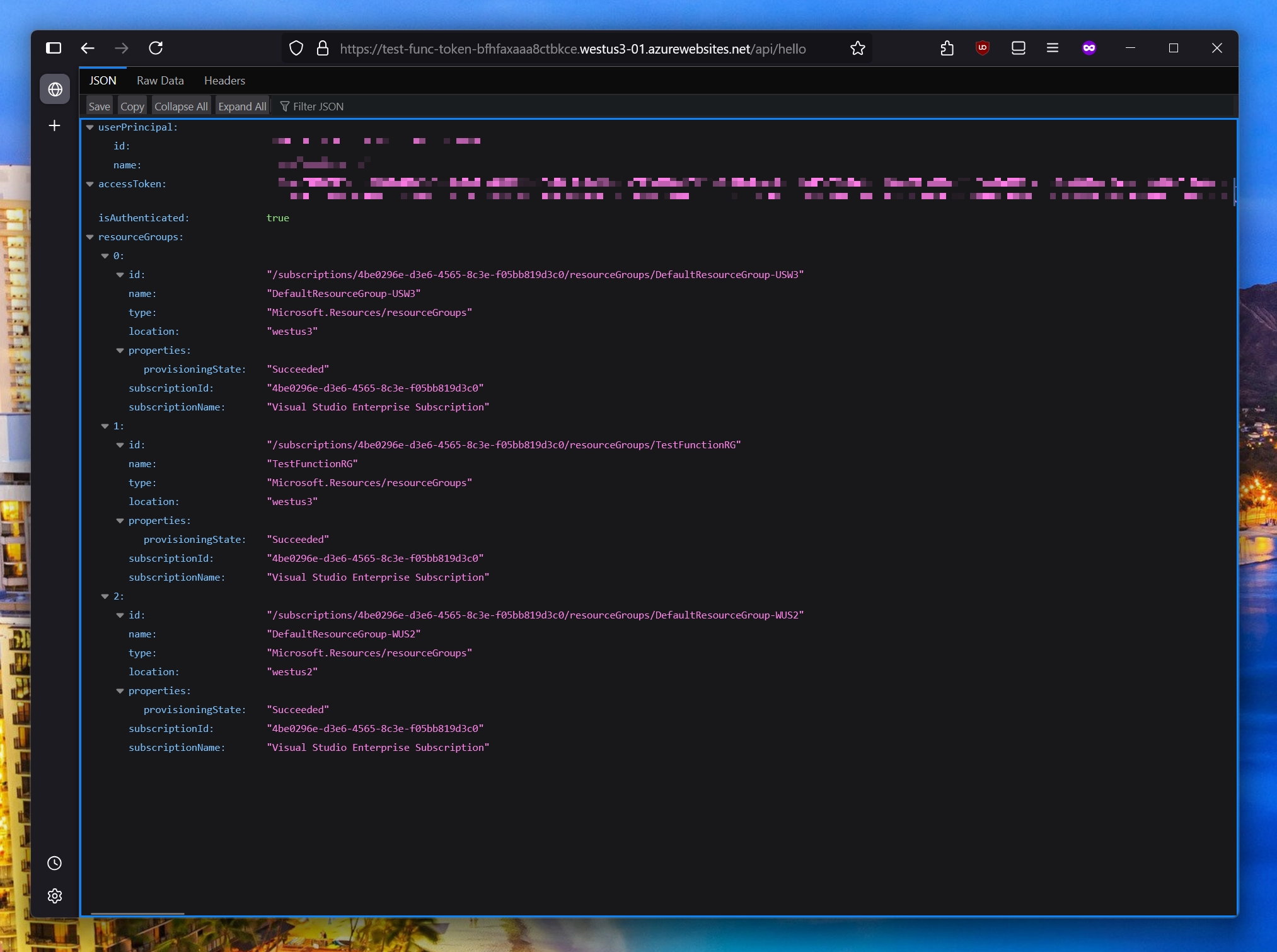 Successfully getting information about Azure resources from Azure Functions app.